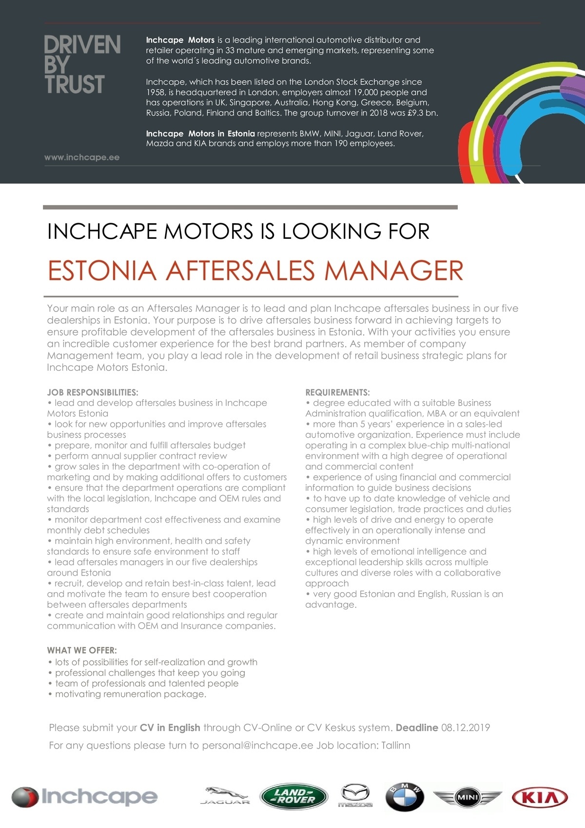 Inchcape Motors Estonia OÜ Aftersales Manager Estonia