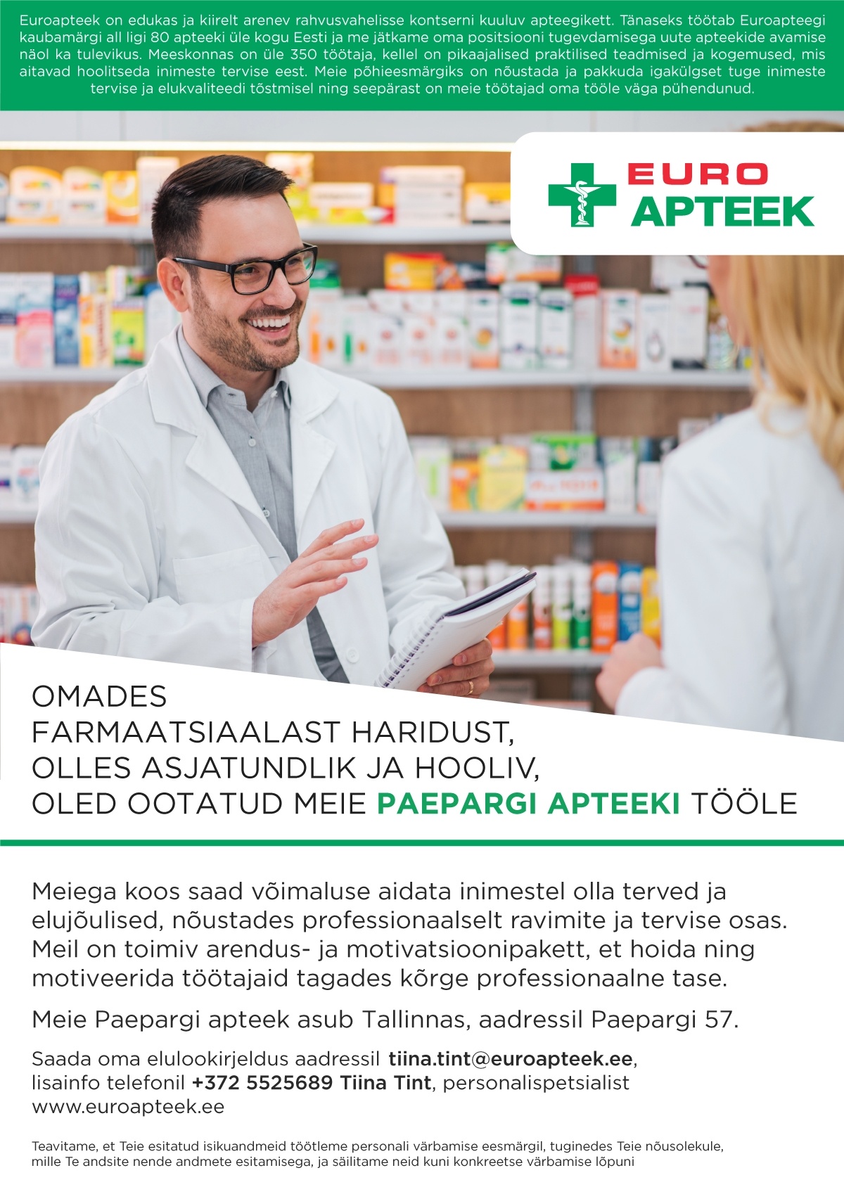 Euroapteek OÜ Proviisor või farmatseut Paepargi apteek