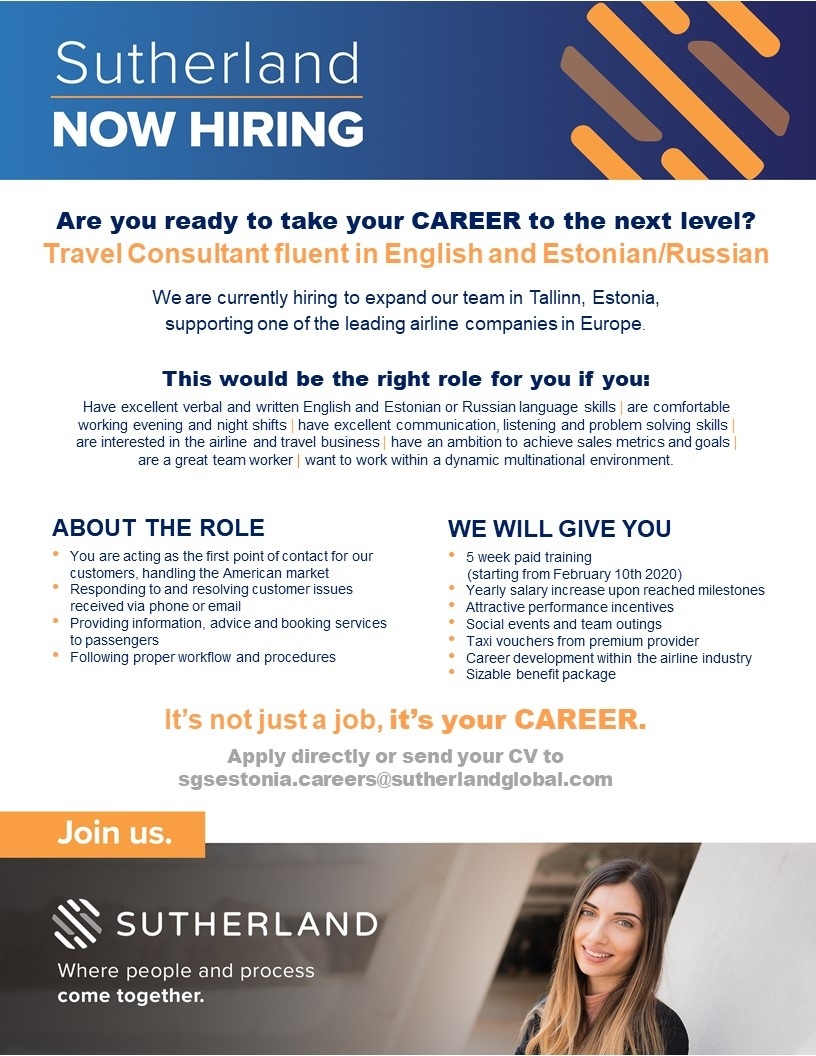 SUTHERLAND GLOBAL SERVICES OÜ Client Consultant Fluent in English and Estonian or Russian