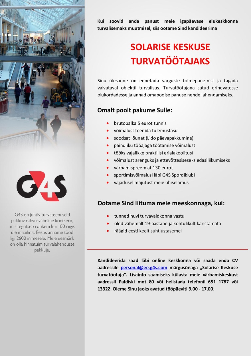 AS G4S Eesti Solaris Keskuse turvatöötaja, brutopalk 5,05 eurot tunnis