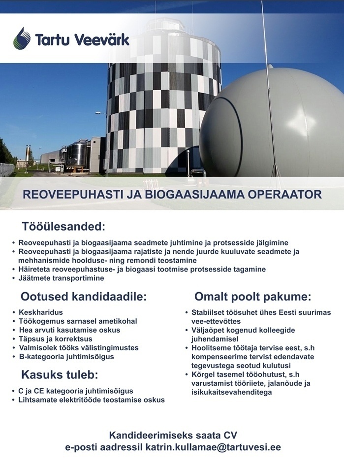 Tartu Veevärk AS Reoveepuhasti ja biogaasijaama operaator