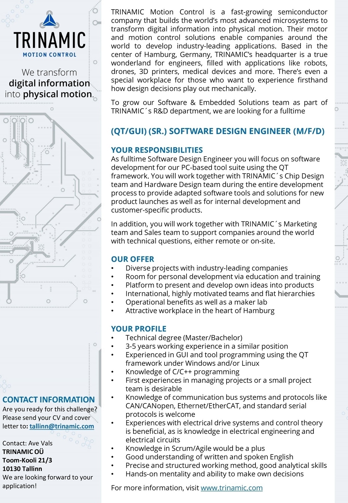 TRINAMIC Motion Control GmbH & CO. KG (QT/GUI) (Sr.) Software design engineer (M/F/D)