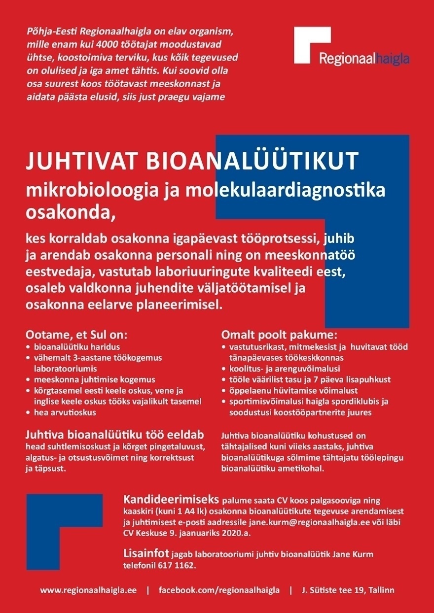Põhja-Eesti Regionaalhaigla SA Juhtiv bioanalüütik mikrobioloogia ja molekulaardiagnostika osakonda
