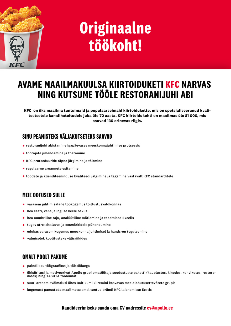 APL Fresh Food OÜ KFC NARVAS kutsub tööle RESTORANIJUHI ABI!