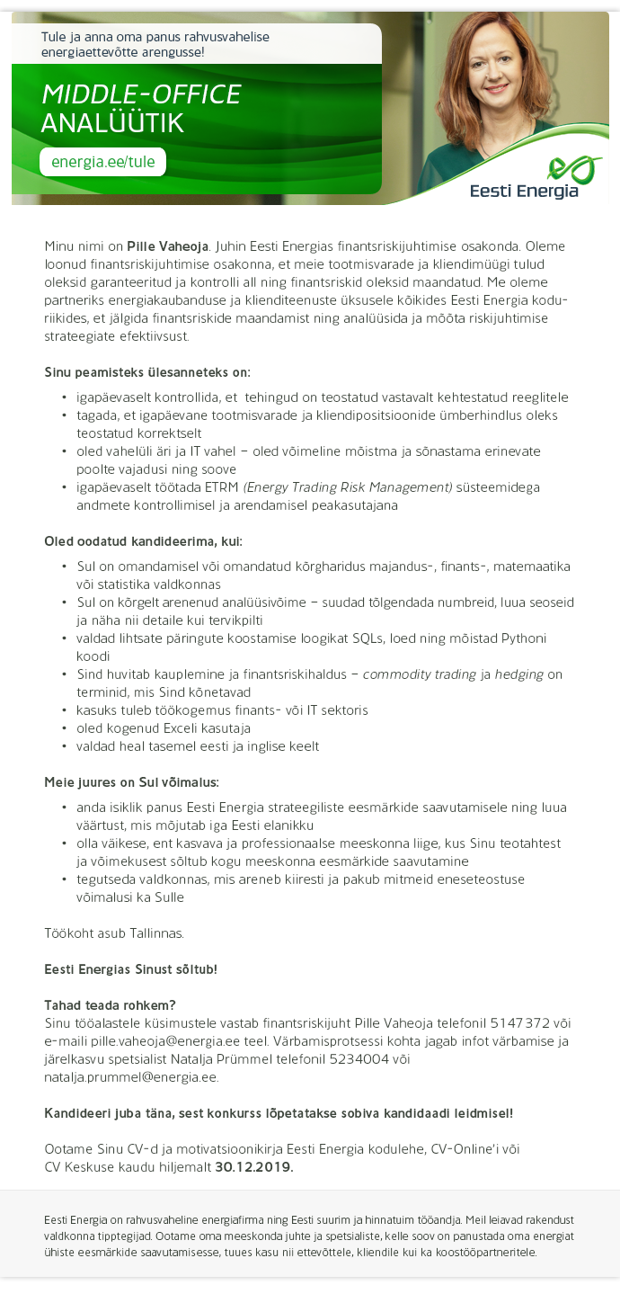 Eesti Energia AS MIDDLE-OFFICE ANALÜÜTIK