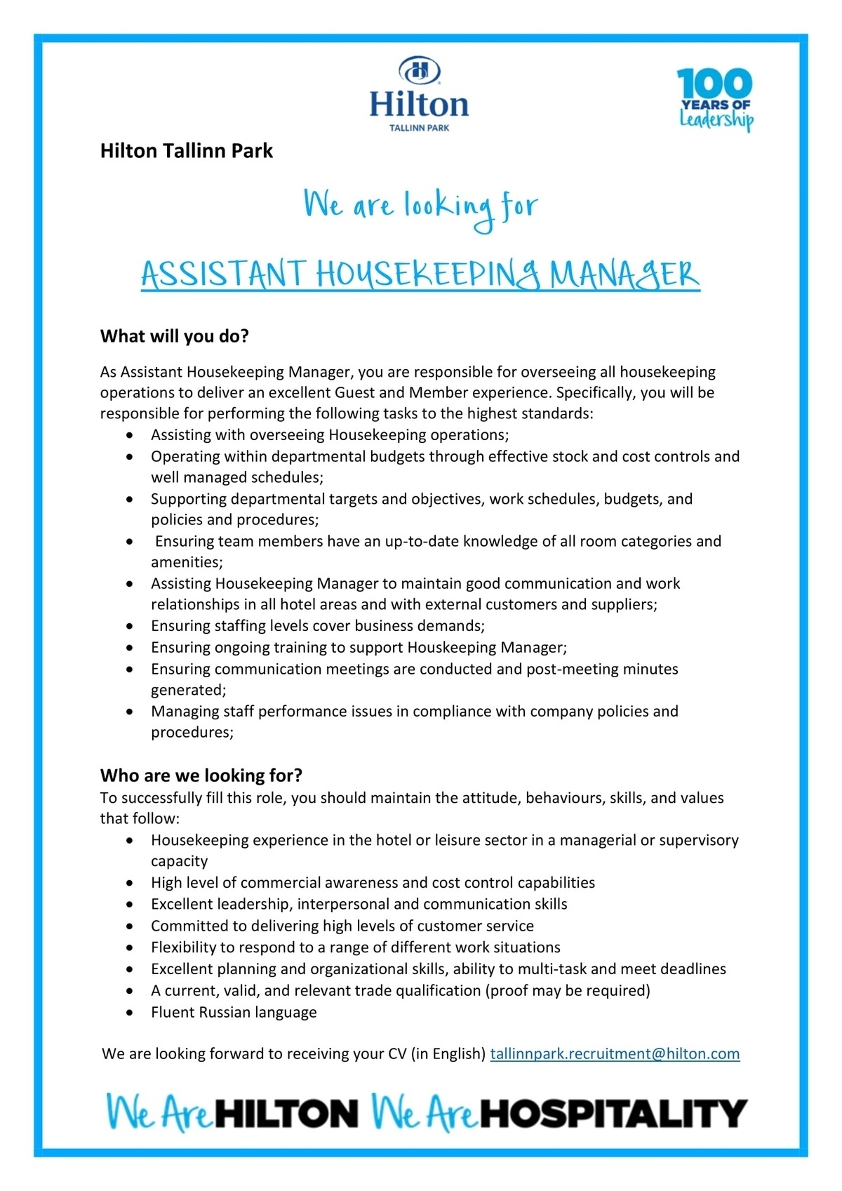 CV Keskus tööpakkumine Hilton Tallinn Park Assistant Housekeeping
