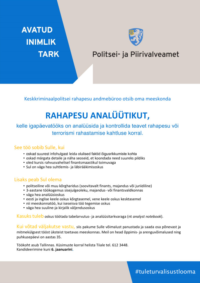 Politsei- ja Piirivalveamet Rahapesu analüütik