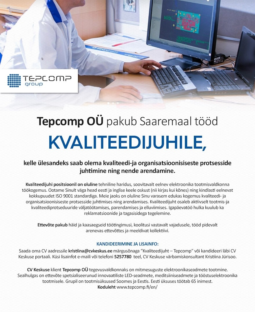 TEPCOMP OÜ Kvaliteedijuht Saaremaale