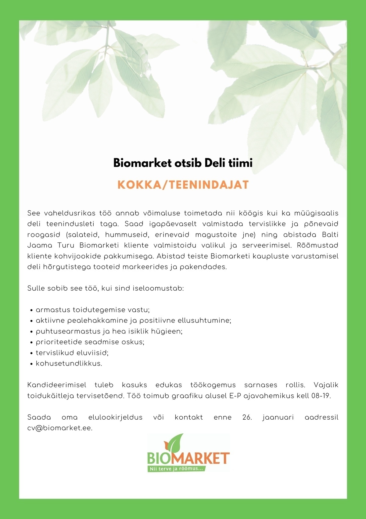BIOMARKET OÜ Kokk-teenindaja