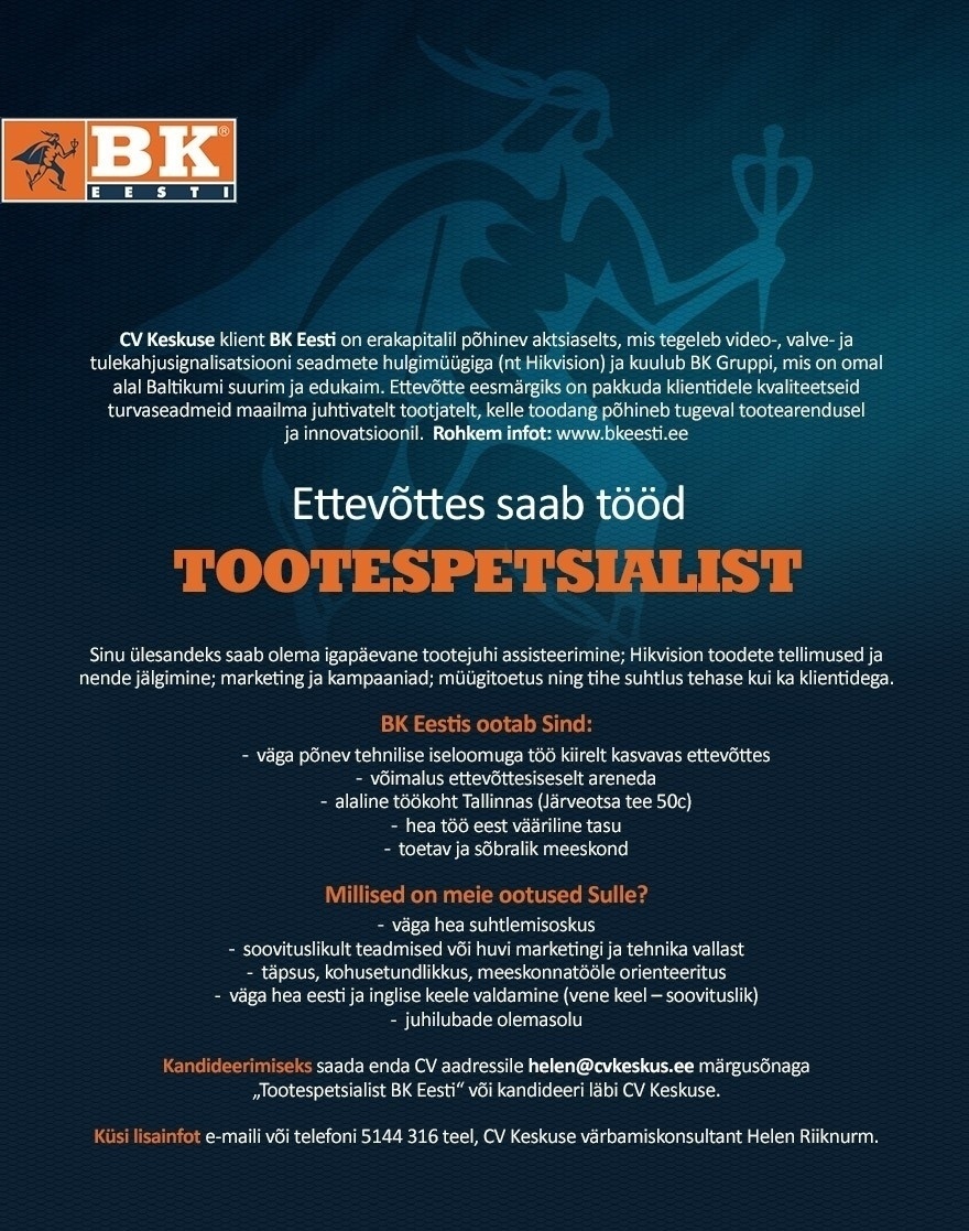 BK Eesti AS Tootespetsialist