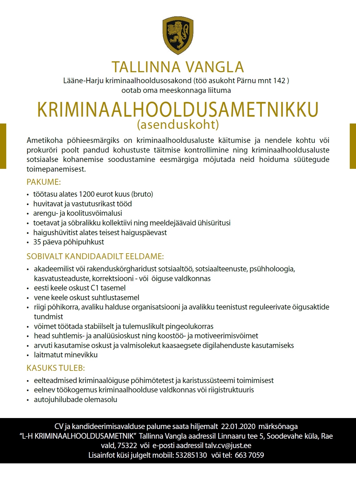 Tallinna Vangla Lääne-Harju Kriminaahooldusosakonna krimiaalhooldusametnik (asenduskoht)