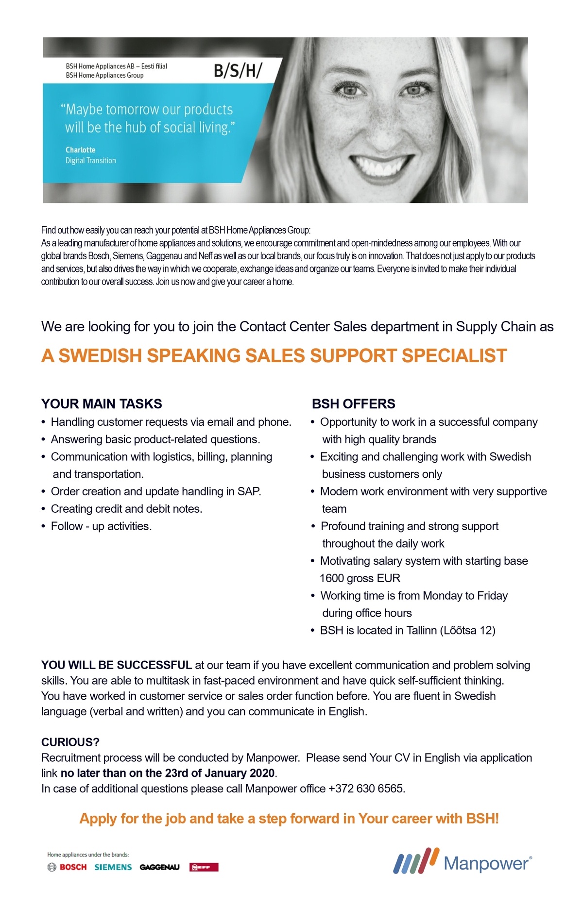 Manpower OÜ Swedish speaking sales support specialist 