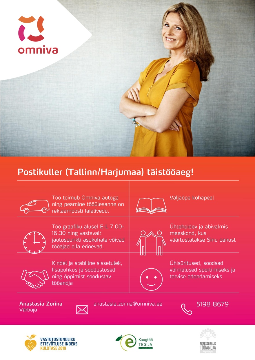 Omniva Postikuller (Tallinn/Harjumaa) täistööaeg!