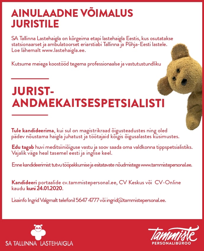 Tammiste Personalibüroo OÜ Jurist-andmekaitsespetsialist (SA Tallinna Lastehaigla)