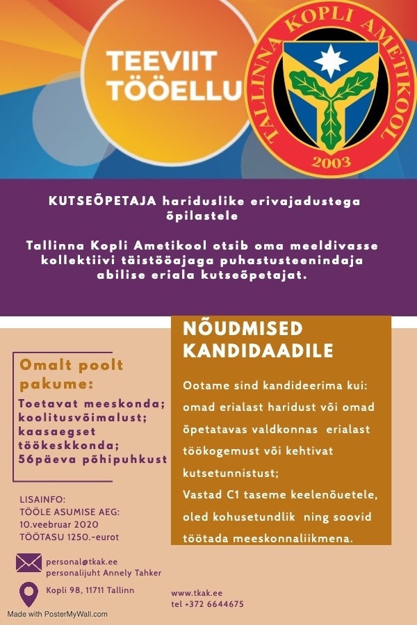 Tallinna Kopli Ametikool Kutseõpetaja hariduslike eriavajadustega õpilastele