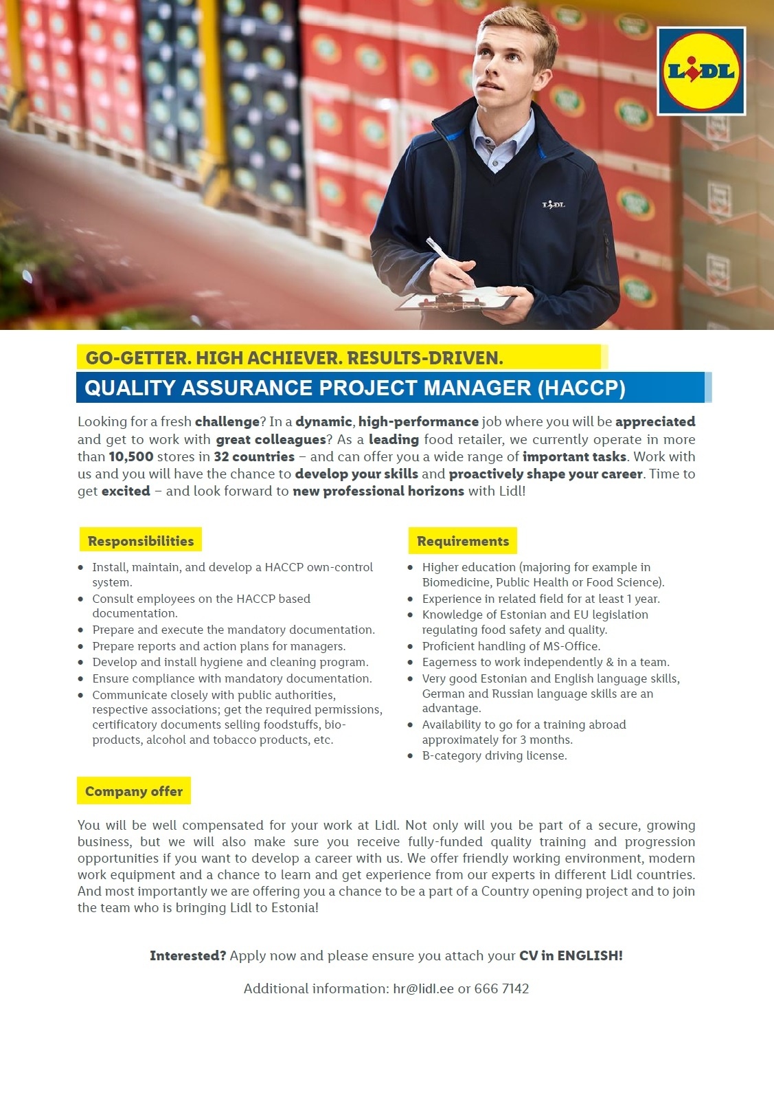 Lidl Eesti OÜ Quality Assurance Project Manager (HACCP)