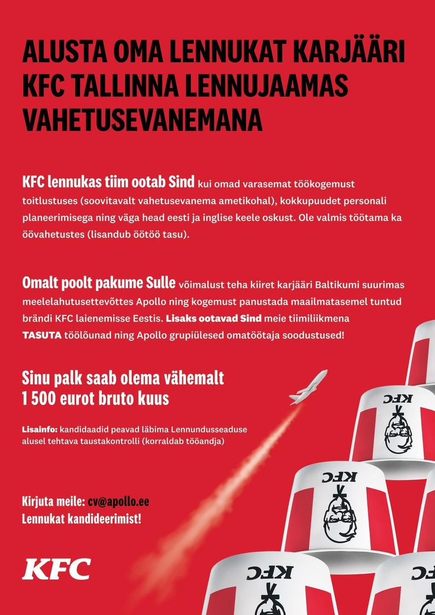 APL Fresh Food OÜ Alusta lennukat karjääri KFC Tallinna Lennujaamas VAHETUSEVANEMANA