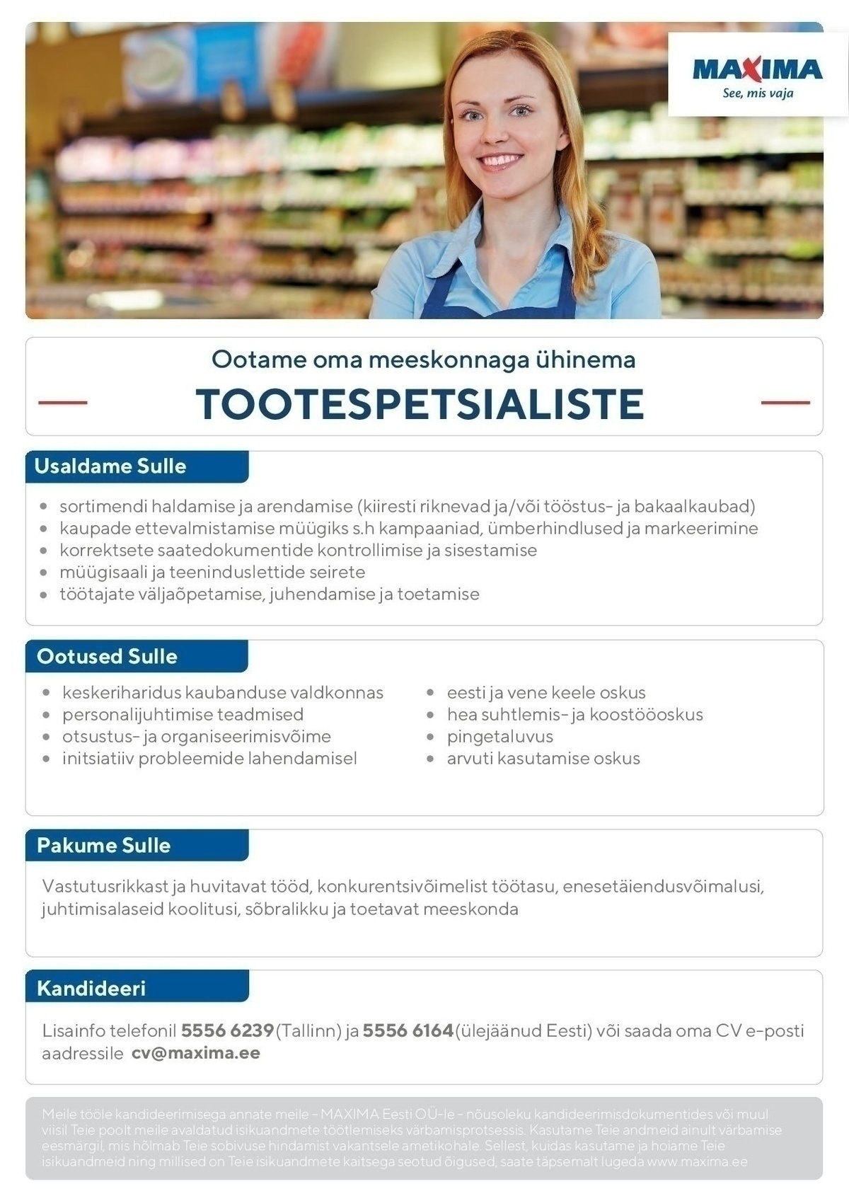 Maxima Eesti OÜ Tootespetsialist Pärnu Maximas