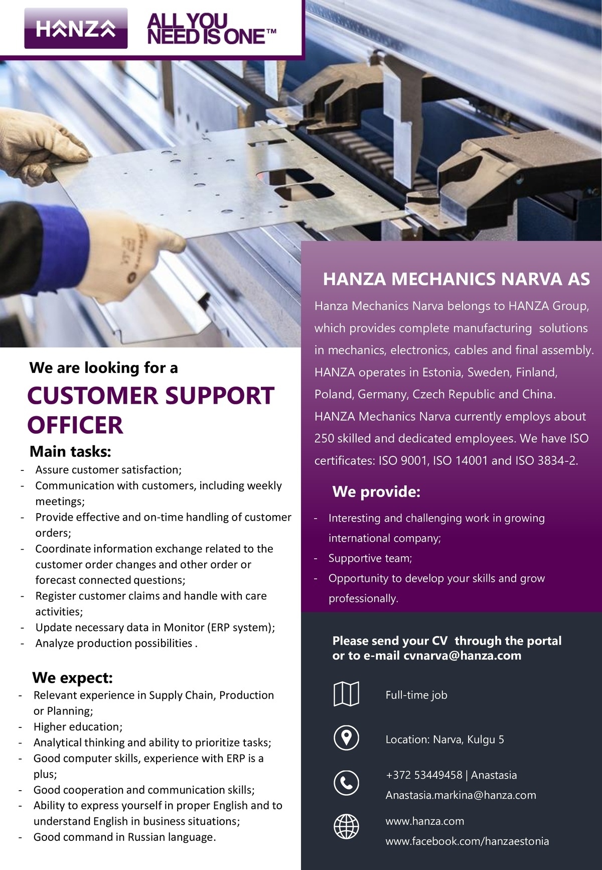 HANZA Mechanics Narva AS Customer support officer