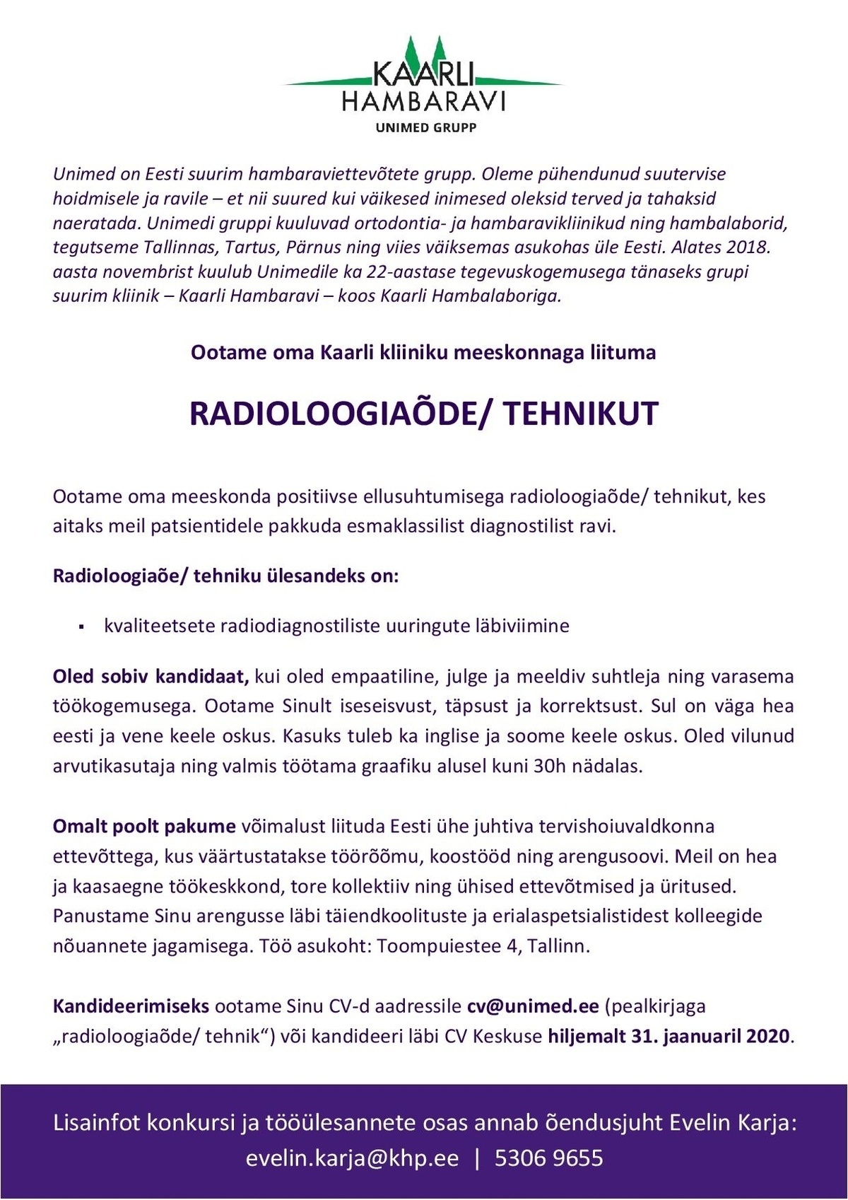 UNIMED GRUPP OÜ Radioloogiaõde/ tehnik