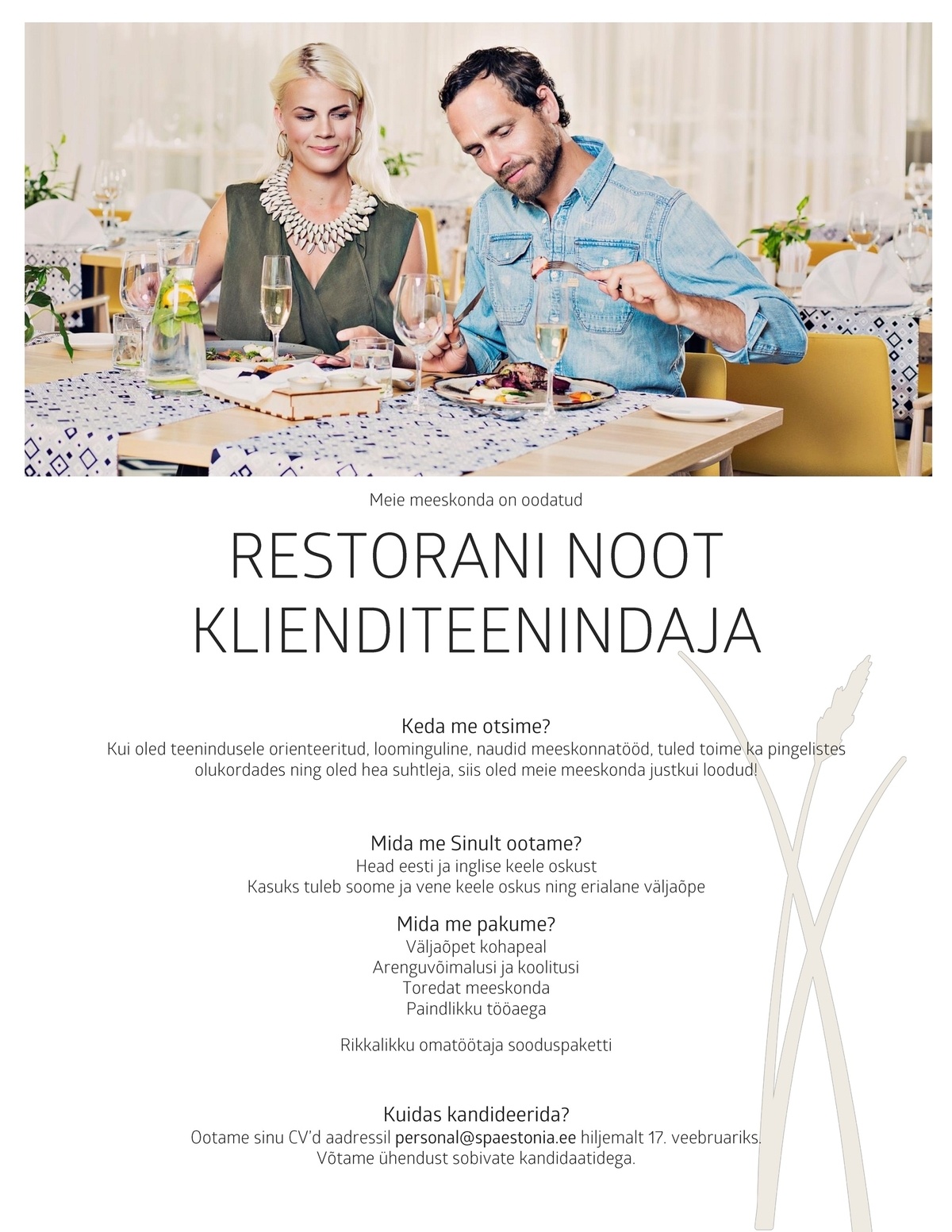 Estonia Spa Hotels AS Restorani NOOT klienditeenindaja
