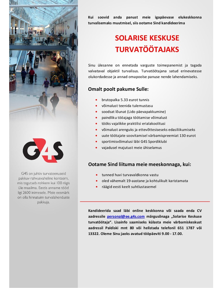AS G4S Eesti Solarise Keskuse turvatöötaja, brutopalk 5.33 eurot tunnis