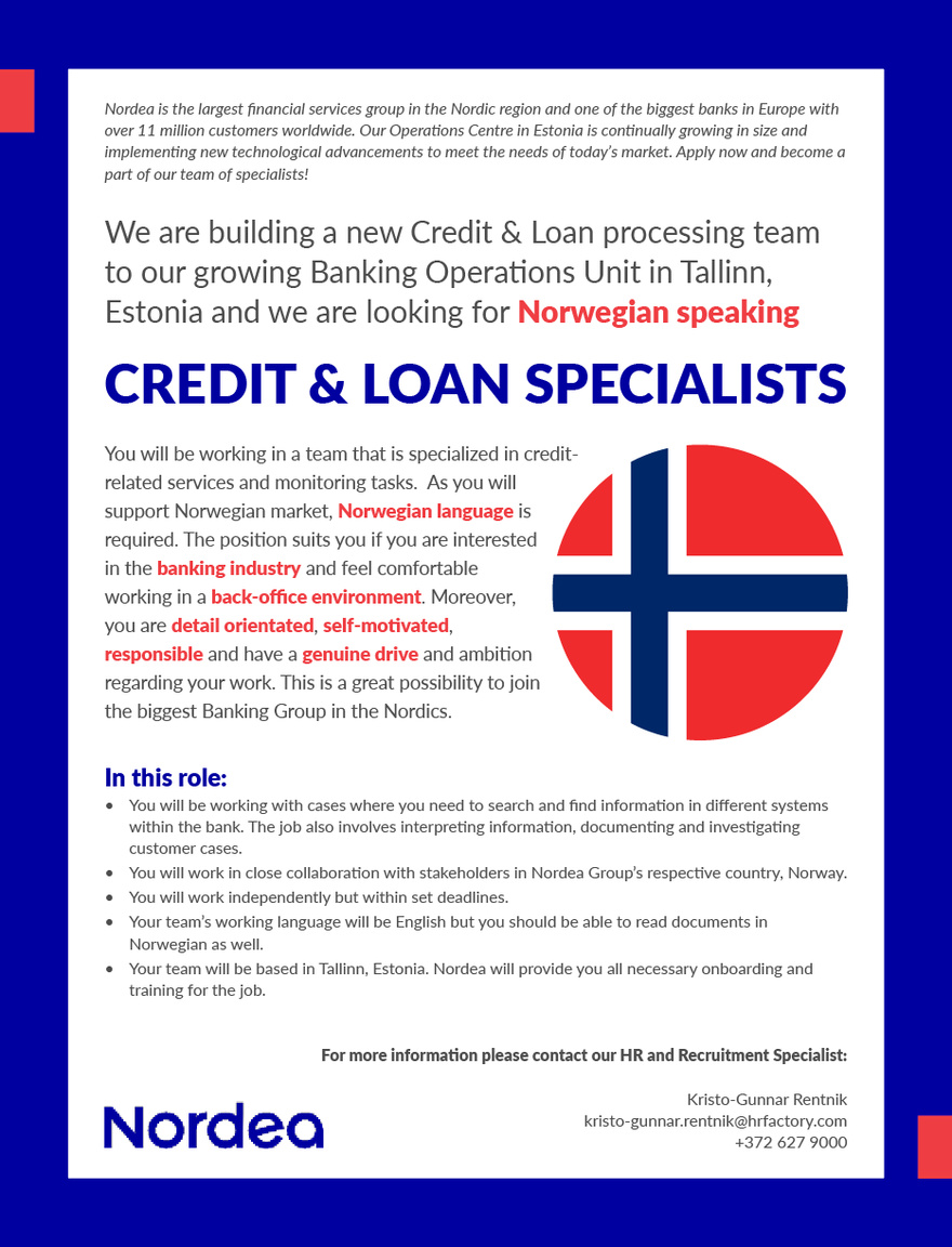Nordea Bank - NO/DK Credit & Loan Specialist NO