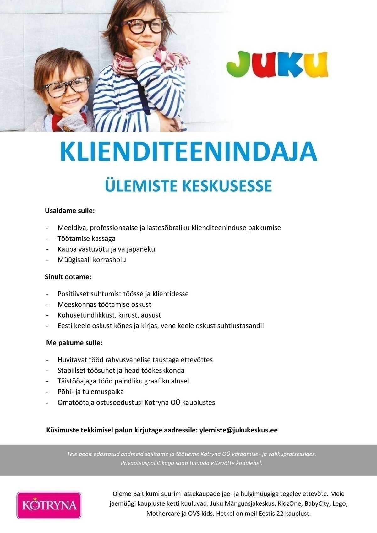 Kotryna OÜ Ülemiste JUKU mänguasjakeskuse klienditeenindaja