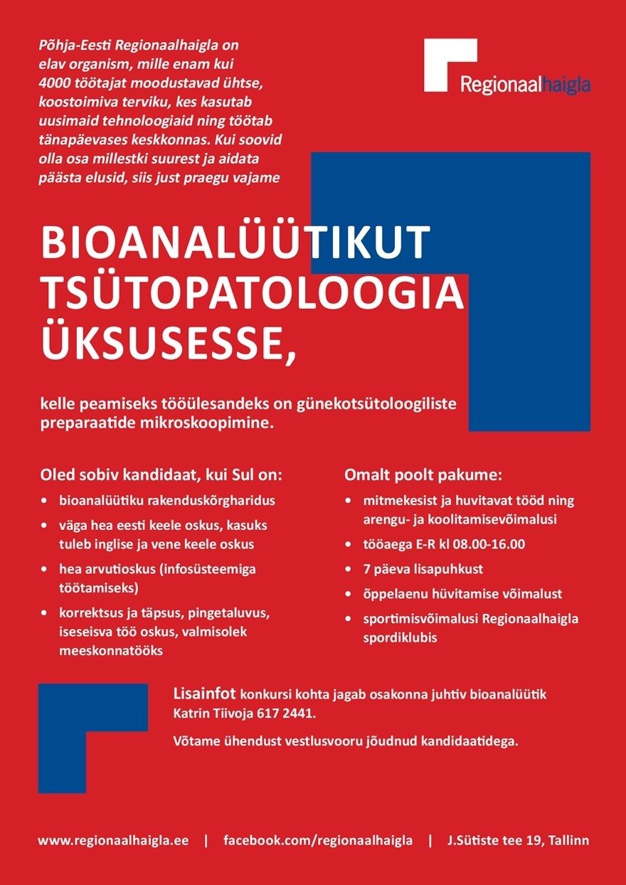 Põhja-Eesti Regionaalhaigla SA Bioanalüütik tsütopatoloogia üksusesse