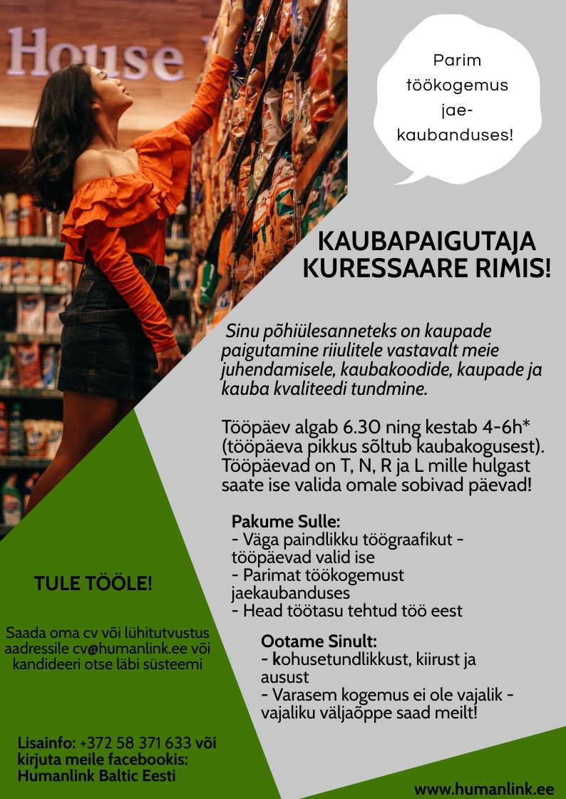 Humanlink Estonia OÜ Tule ja teeni lisaraha kaubapaigutajana Kuressaares!