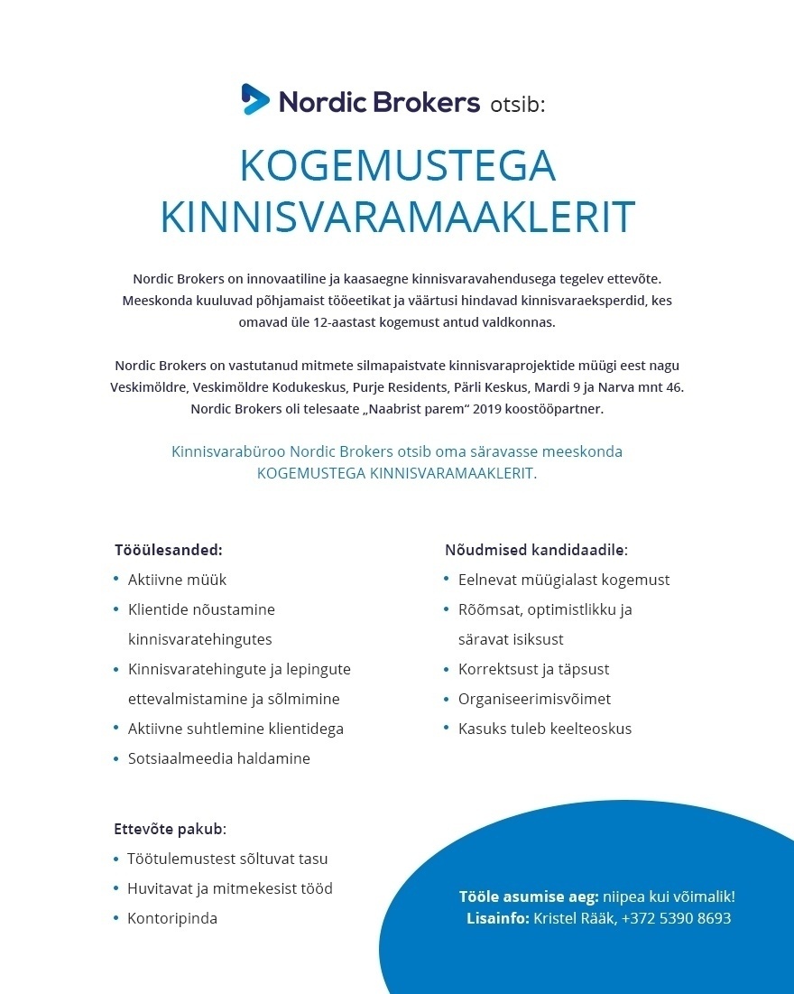 Nordic Brokers OÜ Kogemustega kinnisvaramaakler
