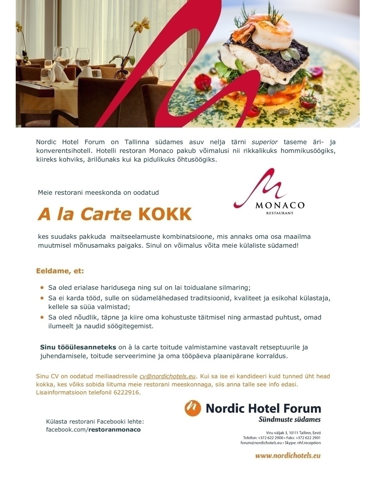 Nordic Hotels OÜ A la Carte kokk 