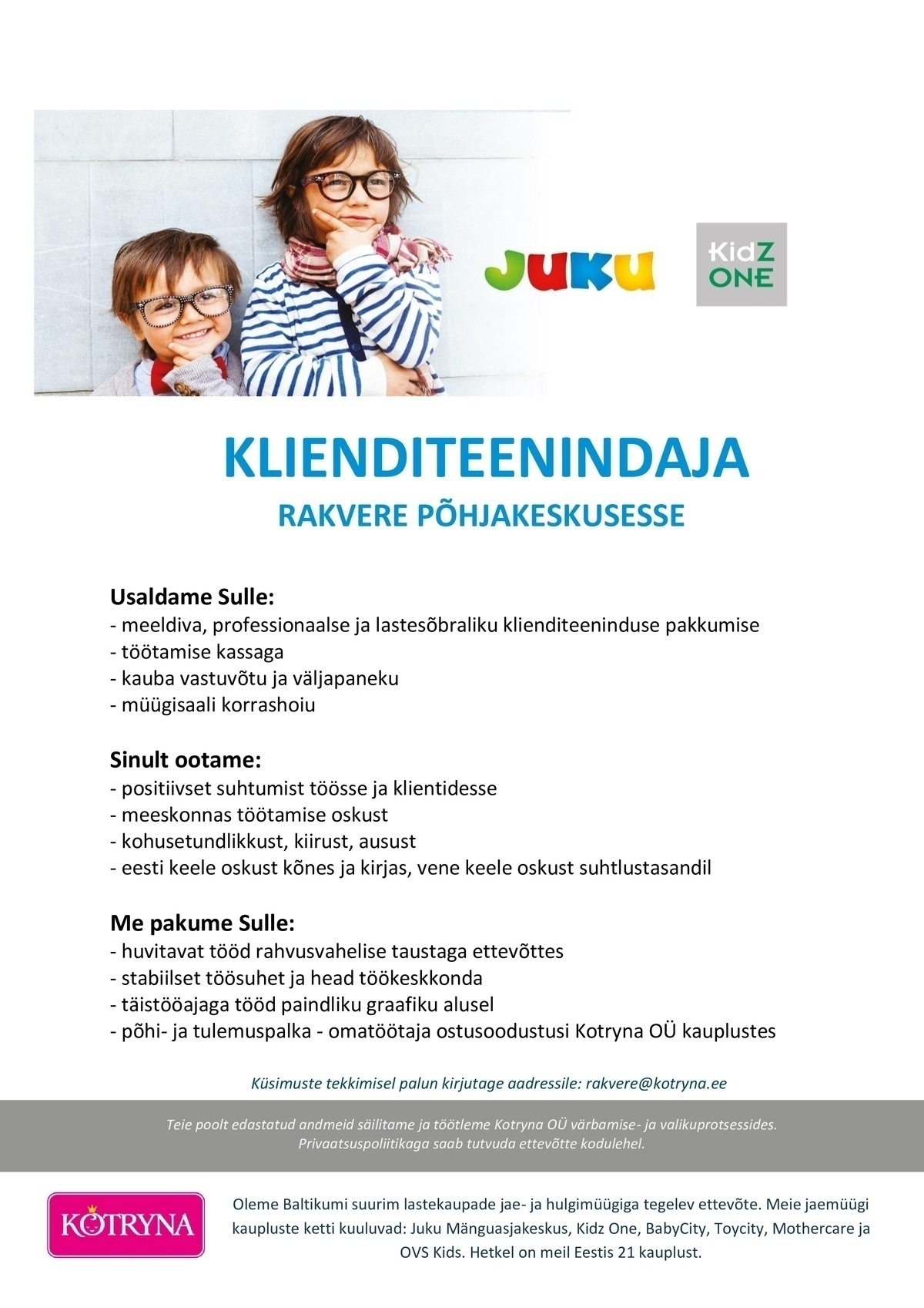 Kotryna OÜ Rakvere Juku/KidzOne klienditeenindaja