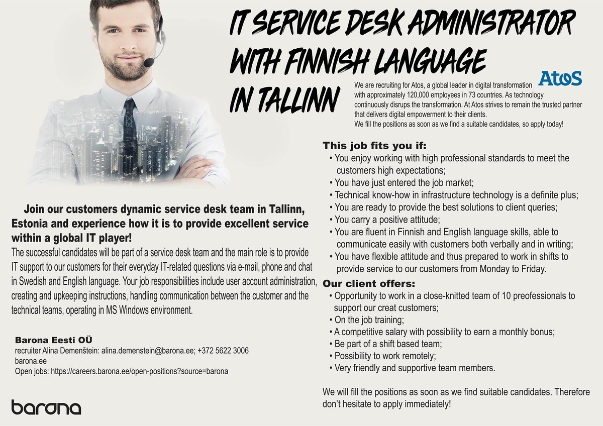 Barona Eesti OÜ  IT- SUPPORT WITH FINNISH LANGUAGE IN TALLINN