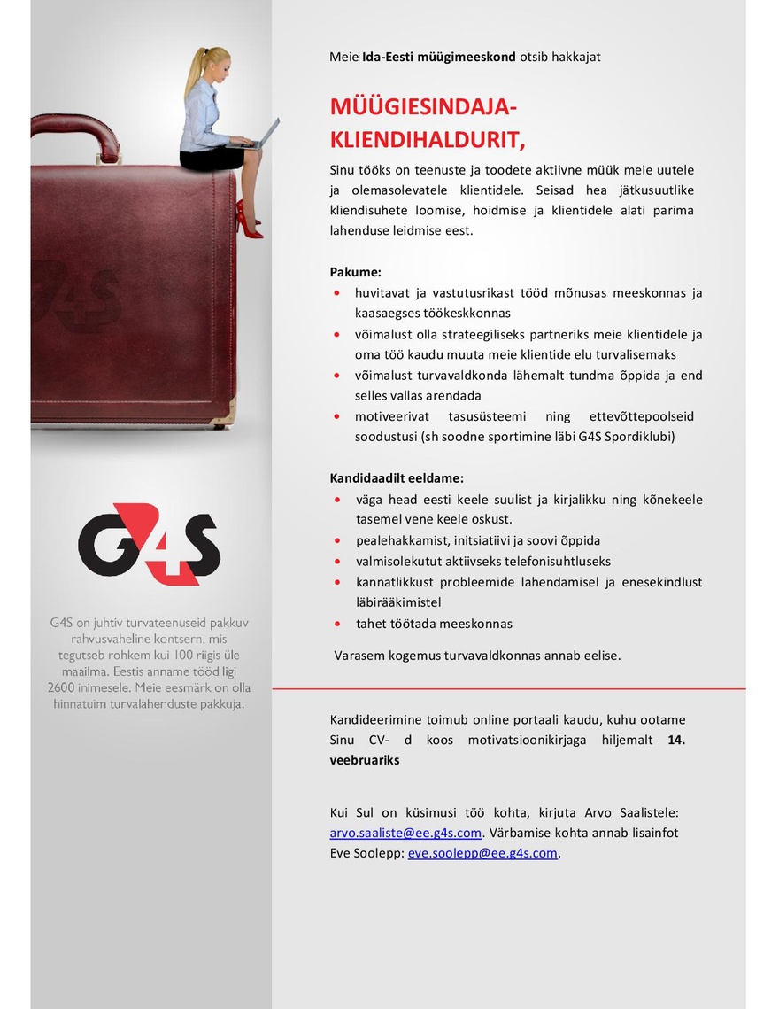AS G4S Eesti MÜÜGIESINDAJA-KLIENDIHALDUR (Narva)