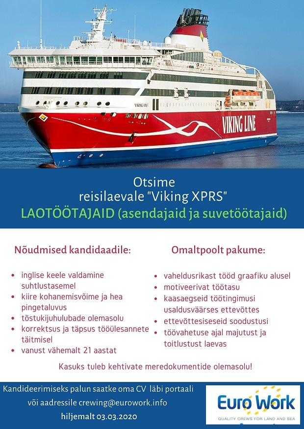 EURO WORK OÜ Laotöötaja reisiparvlaevale "Viking XPRS" 