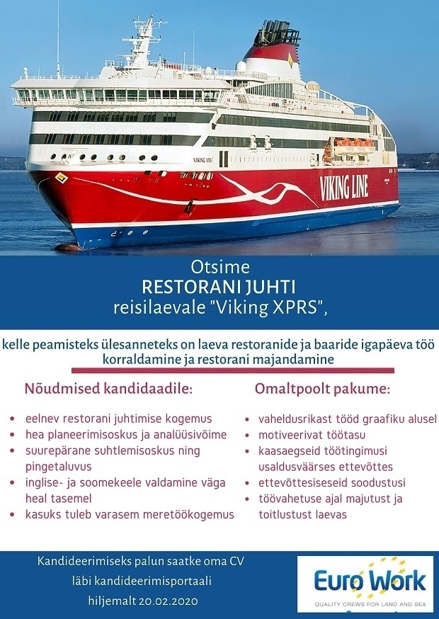 EURO WORK OÜ Restorani direktor laevale m/s "Viking XPRS"