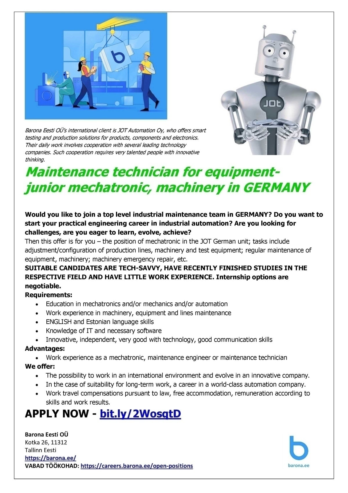 Barona Eesti OÜ Maintenance technician for equipment-  junior mechatronic, machinery in GERMANY