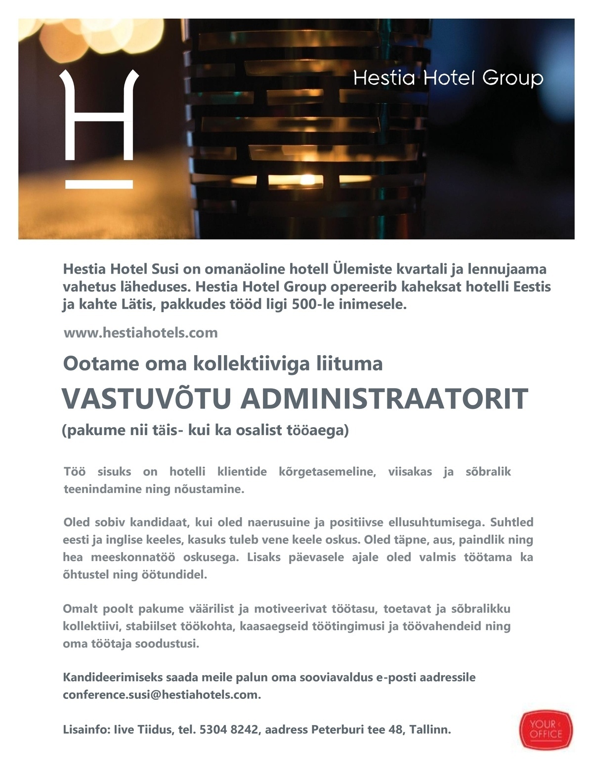 Hestia Hotel Susi Vastuvõtu administraator (võimalik ka osaline tööaeg)