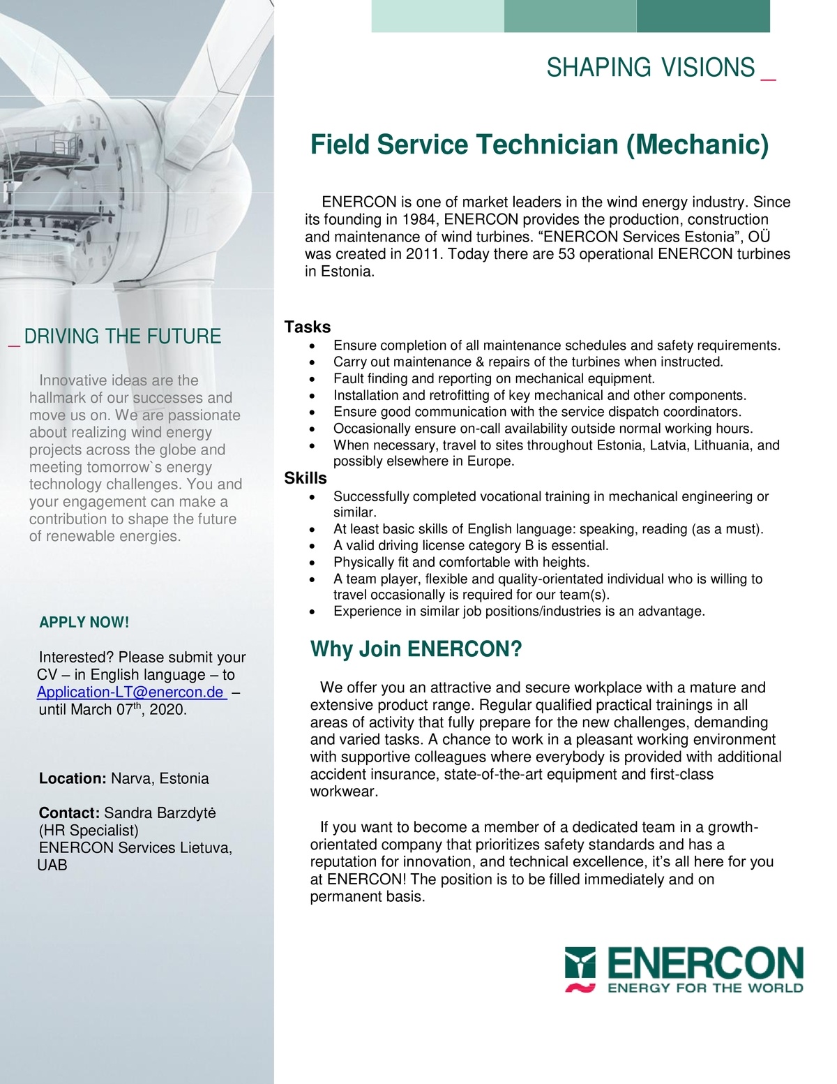 ENERCON SERVICES ESTONIA OÜ Field Service Technician (Mechanic)