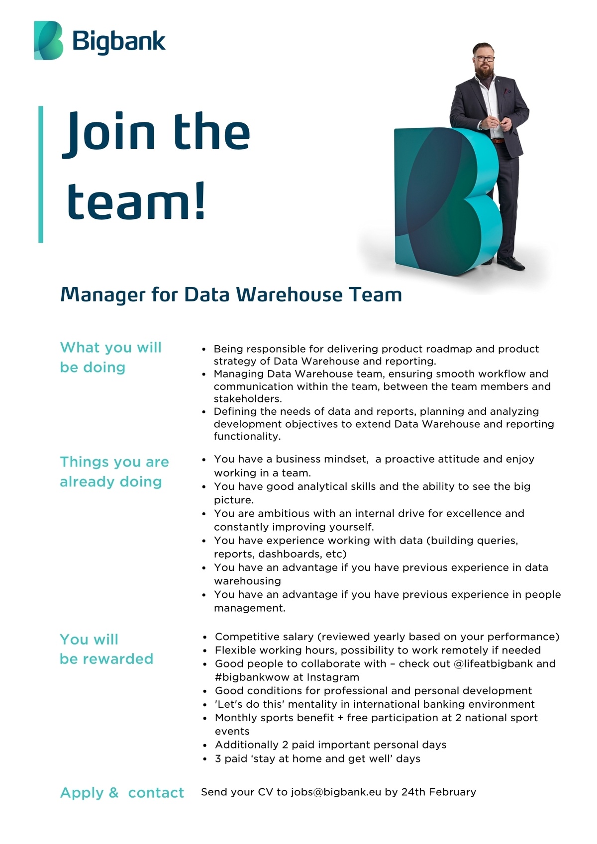 Bigbank AS Manager for Data Warehouse Team