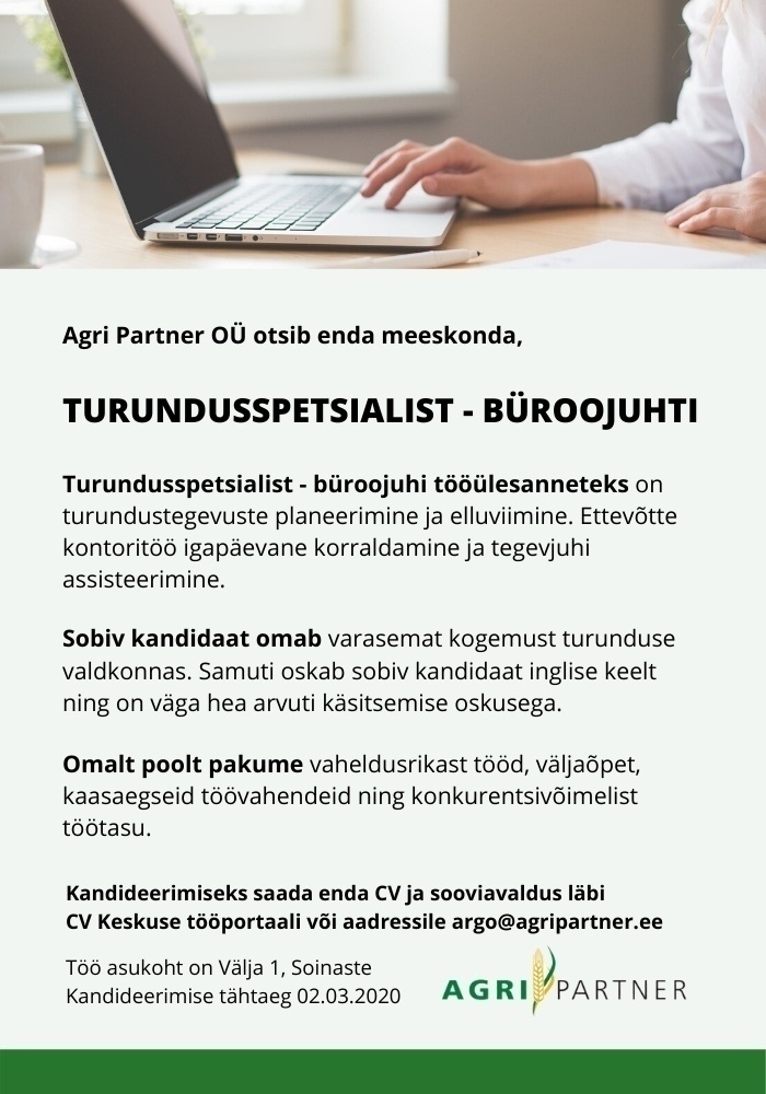 Agri Partner OÜ TURUNDUSSPETSIALIST - BÜROOJUHT