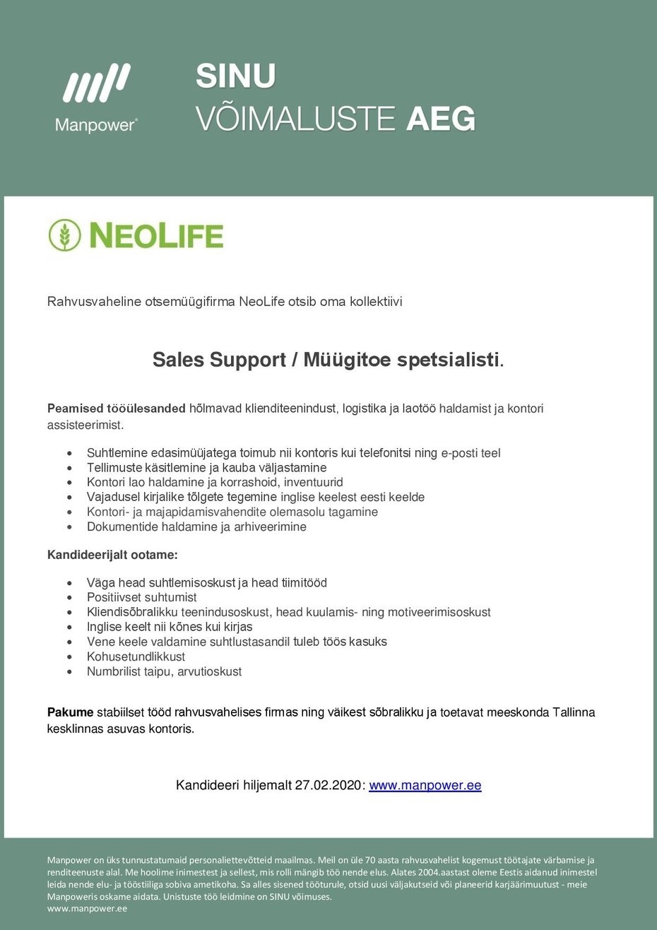 Manpower OÜ Sales Support / Müügitoe spetsialist