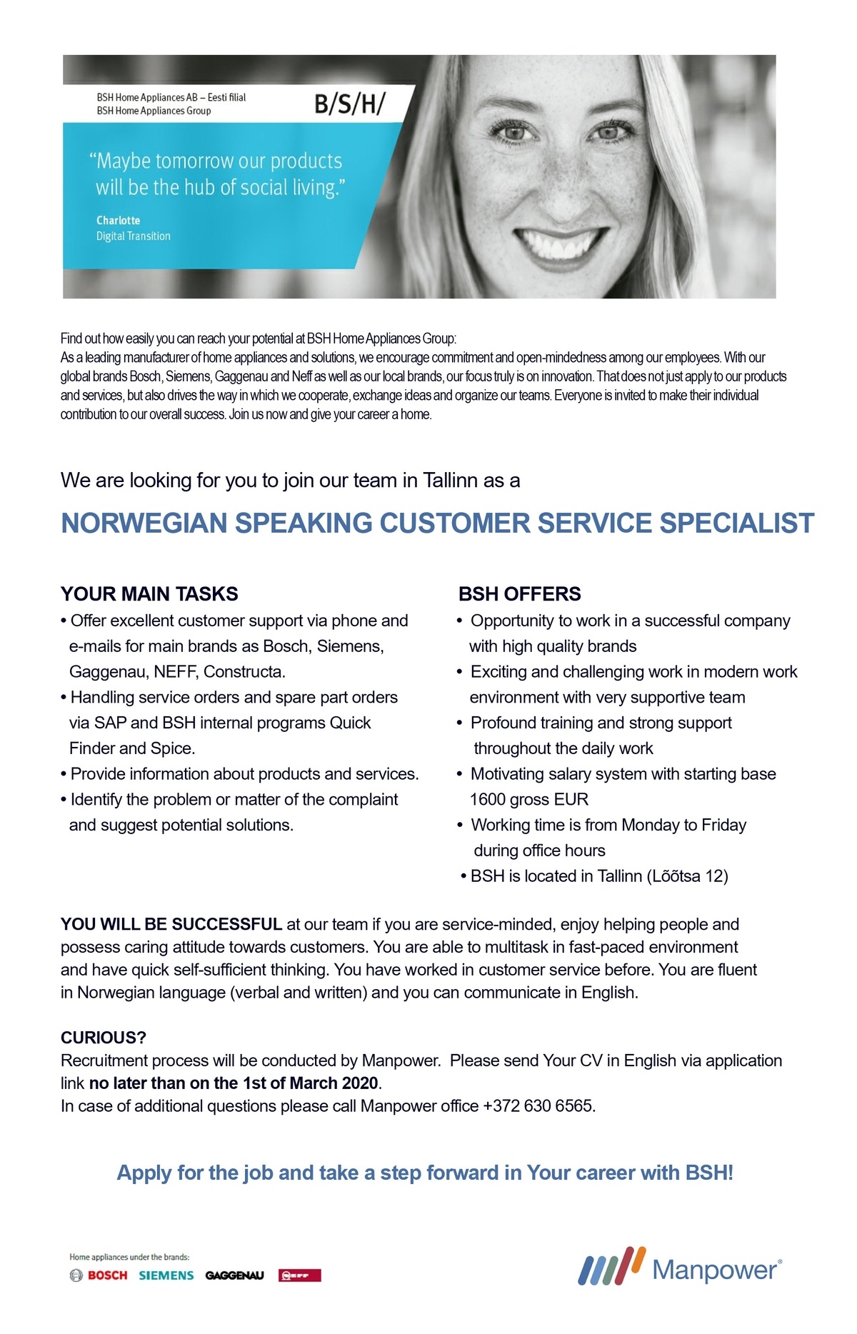Manpower OÜ Norwegian Speaking Customer Service Specialist