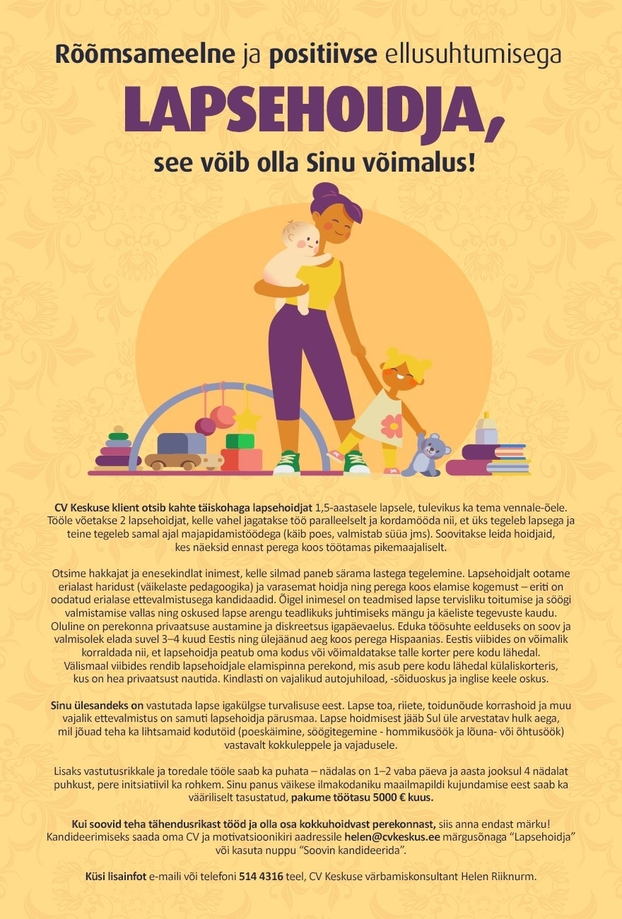 CV Keskus Täiskohaga lapsehoidja - koduabiline