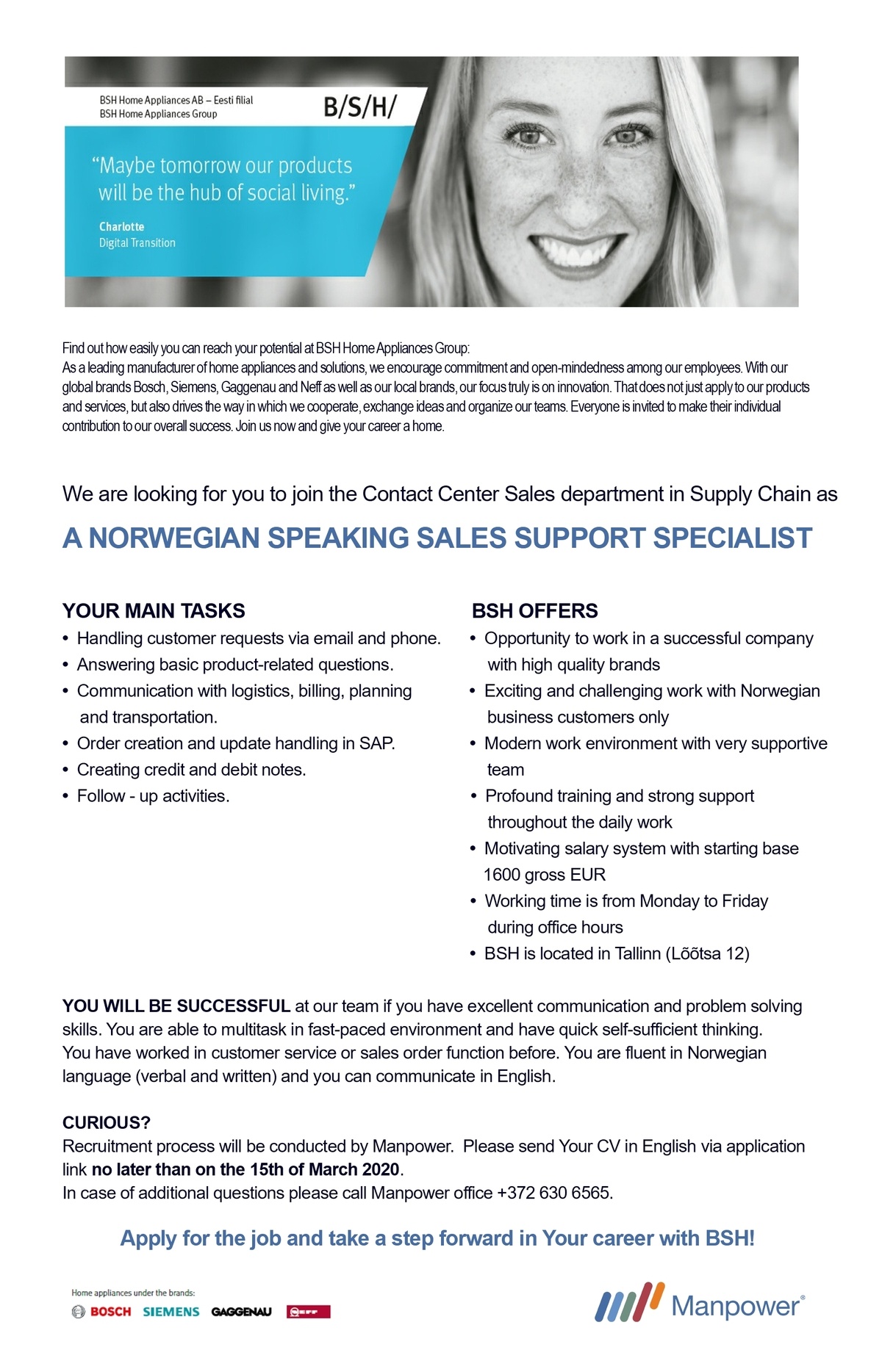 Manpower OÜ Norwegian Speaking Sales Support Specialist 