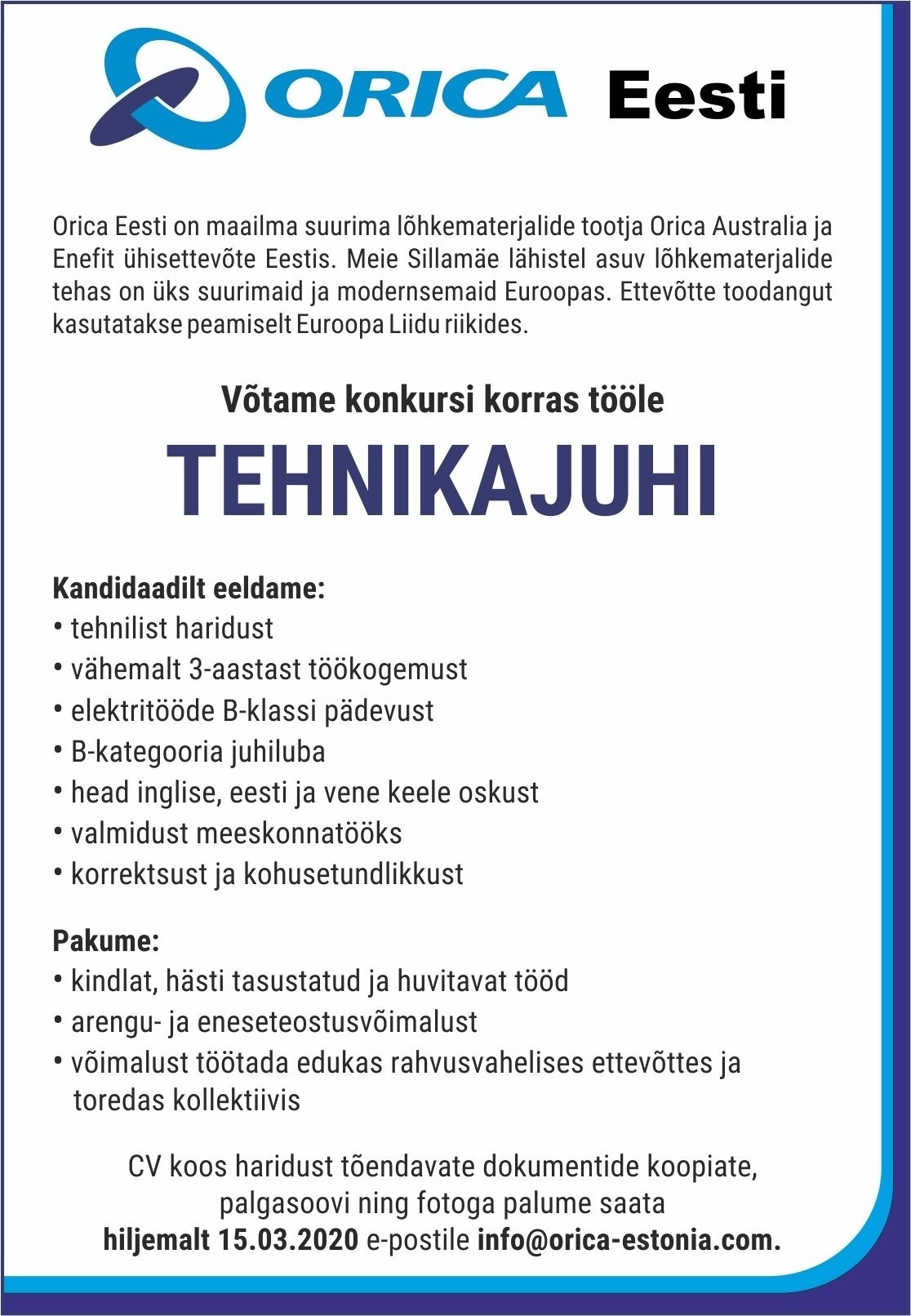 Orica Eesti OÜ Tehnikajuht