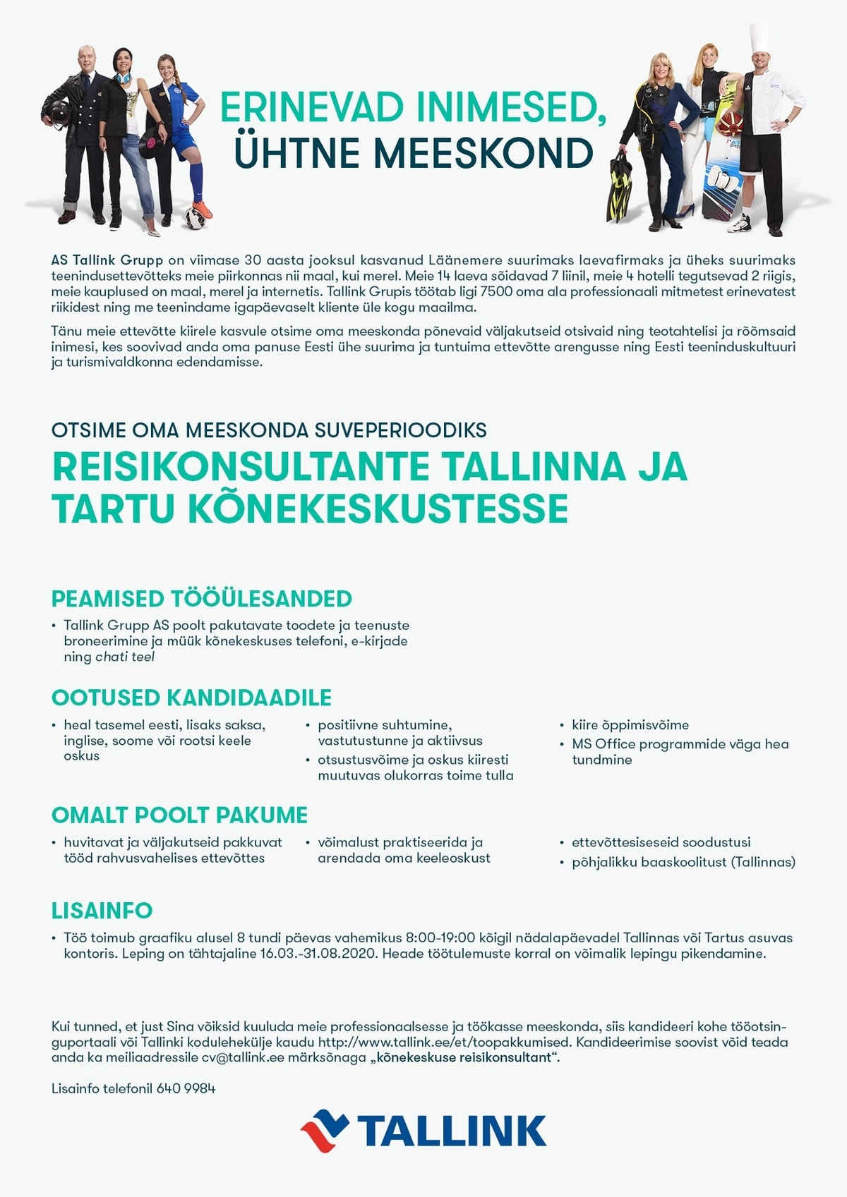 Tallink Grupp AS Reisikonsultant Tallinna või Tartu kõnekeskusesse (suveperioodiks)