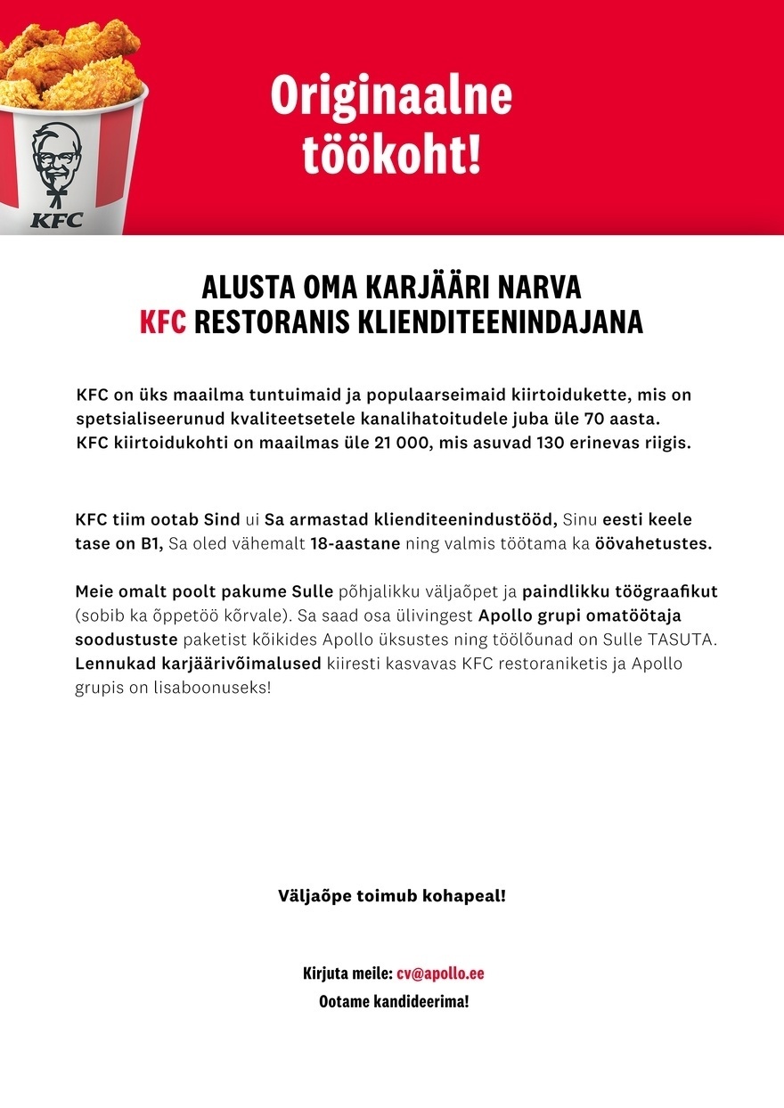 APL Fresh Food OÜ KFC NARVAS kutsub tööle KLIENDITEENINDAJAID