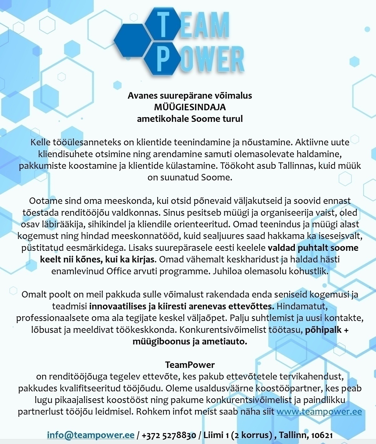 Team Power OÜ Müügiesindaja Soome turule - Eestis